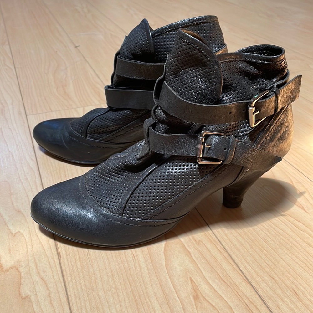Black Perforated Leather Kitten Heel Ankle Booties